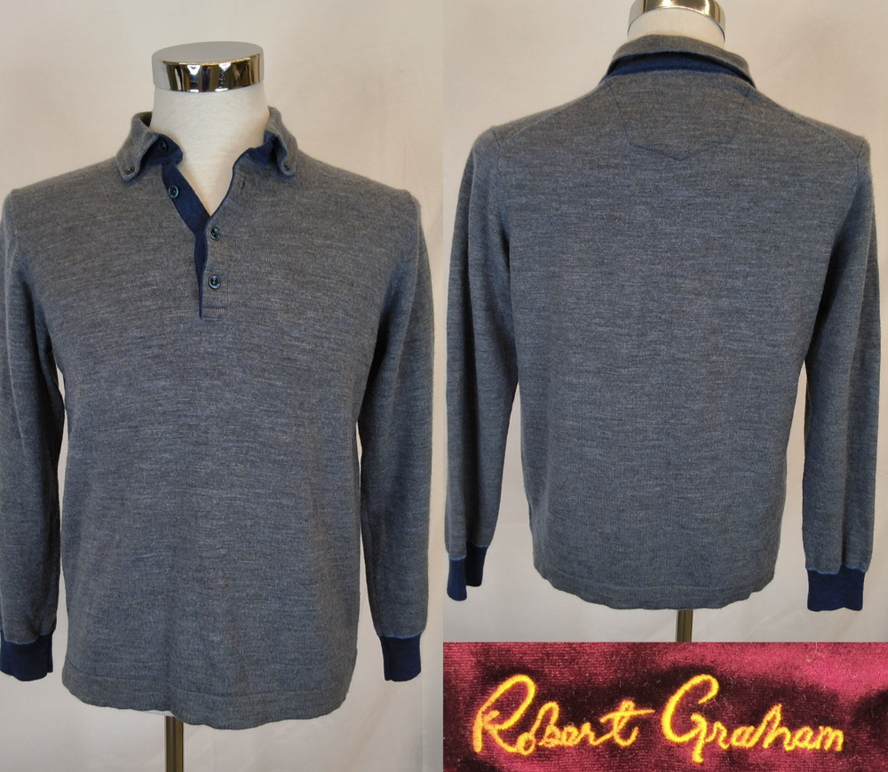 Robert Graham 100% Wool Sweater 1/4 Button Down Men's L Gray/Blue #W5544